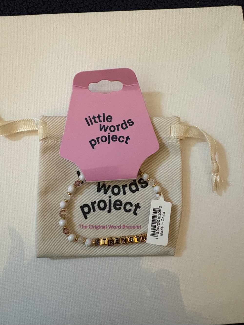 Little Words Project Beaded Bracelet - White & Gold "STRENGTH"